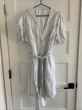 GAP Pastel Striped V-Neck Belted Midi Dress — Blue, Pink, Cream Cotton/Linen